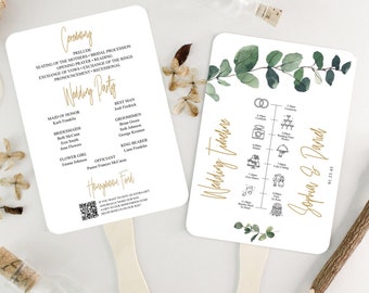 Eucalyptus Wedding Program Fan Template with Timeline, Printable Program Fan, Wedding Fan, Ceremony Programs, Wedding Programs, Greenery