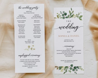 Greenery Wedding Program Template, 4x9 Editable Wedding Programs, Instant Download, One Page, Double Sided, Minimal, Rustic, Garden Greens