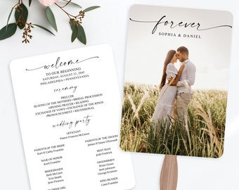 Photo Wedding Program Fan Template, Bohemian Script, Printable Program Fan with Photo, Fans for Guests, Ceremony Programs, DIY Wedding