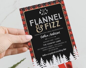 Könnte beinhalten: Eine Brautparty-Einladung mit schwarzem Hintergrund und rotem Karomuster. Die Einladung lautet "Flannel & Fizz" und enthält Veranstaltungsdetails wie Datum, Uhrzeit, Ort und den Namen "Sophia Anderson."
