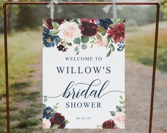 Editable Bridal Shower Welcome Sign Template, Welcome Bridal Shower, Fall Bridal Shower Sign, Download, Breezy Burgundy, Floral, Navy, DIY