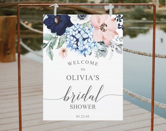 Bridal Shower Welcome Sign Template, Welcome Bridal Shower, Editable Bridal Shower Sign, Instant Download, Navy Blooms, Floral, Hydrangea