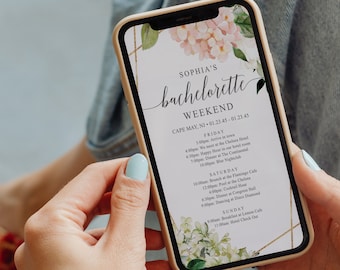 Bachelorette Itinerary Template, Digital Schedule, Download, Agenda, Beach, Bachelorette Weekend Itinerary, Blush Hydrangea, Birthday, Girls