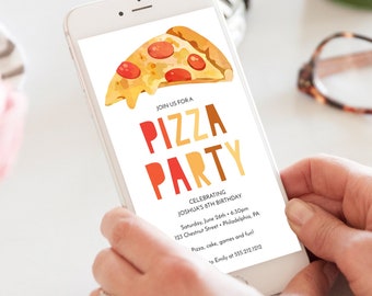 Plantilla de invitación a fiesta de pizza, invitación a fiesta de cumpleaños de pizza, noche de pizza digital, invitación a fiesta de cumpleaños, cumpleaños de niños, niño, niña, cualquier edad