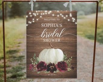 Rustic Bridal Shower Welcome Sign Template, Welcome Bridal Shower, Fall Bridal Shower Sign, Download, Wood, String Lights, Burgundy Pumpkin