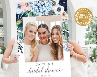 Bridal Shower Photo Prop Frame - Baby Shower Photo Booth Prop - Photo Booth Frame - Editable Printable - Bridal Shower Decor - Navy Blooms