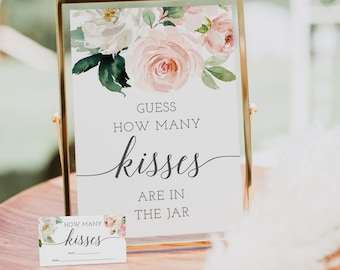 How Many Kisses Bridal Shower Game Template, Kisses Game, Wedding Shower, Bridal Shower Games, Printable Template, Blushing Blooms, Floral