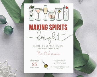 Holiday Cocktail Party Invitation, Christmas Party Invites, Winter Birthday Invitations, Making Spirits Bright, Download, Retro, Cocktails