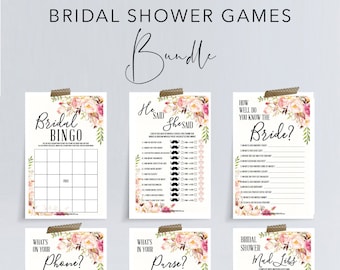 6  Bridal Shower Games Bundle - Bridal Shower Games Package - Bingo - He Said She Said - What's In Your Purse - Antique Rose Shower Games