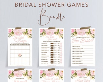 6  Bridal Shower Games Bundle - Bridal Shower Games Package - Bingo - He Said She Said - What's In Your Purse - Pink Peony - Games