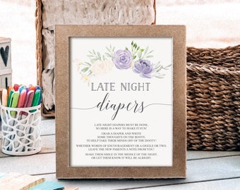 Late Night Diapers Baby Shower Sign File - Printable - Drive By Baby Shower - Baby Shower Games - Diapers Game - Pastel Purple - Lavender