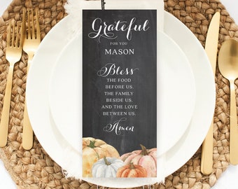 Marque-place pour Thanksgiving, prière de Thanksgiving, décoration de table pour Thanksgiving, dîner de Thanksgiving, carte de visite, téléchargement, citrouilles tableau rustique