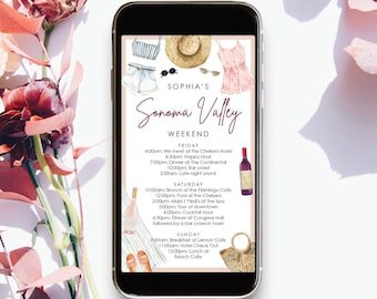 May include: A digital phone screen displaying a weekend itinerary for a trip to Sonoma Valley. The itinerary includes activities like happy hour, dinner, bar crawls, and spa treatments. The background of the screen is a watercolor illustration of a straw hat, sunglasses, and clothing.
