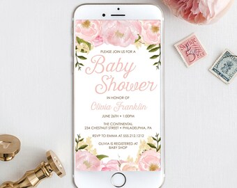 Baby Shower Invitation Digital Template, Girl Baby Shower Invite Phone, Brunch, Text, Evite, Instant Download, Pink Peony Floral