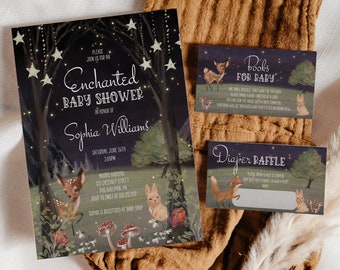 Modèle de jeu d'invitations pour baby shower forêt enchantée, imprimable modifiable, carte de remerciement, tombola de couches, livres pour bébé, chevreuil, animaux