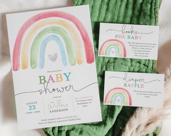 Boho Rainbow Baby Shower Invitation Set Template, Printable Editable, Thank You Card, Diaper Raffle, Books For Baby, Rainbow Baby Shower