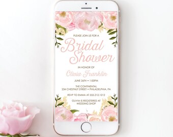 Bridal Shower Invitation Digital Template, Bridal Shower Invite Phone, Brunch, Text, Evite, Instant Download, Pink Peony Floral