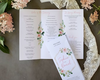 Trifold Wedding Program Template, Wedding Ceremony Program, Backyard Wedding Ideas, Folded Programs, Printable, Airy Blush, Gold, Floral
