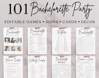 Bachelorette Party Games Bundle Templates, 101 Printable Bachelorette Party Decor, Bingo Signs Favors Funny Dirty Clean, Modern Minimalist