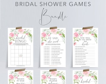 Boho Bridal Shower Games Bundle, Printable Bridal Shower Games Package, Bingo, He Said She Said, Pastel Blush, Shower Games