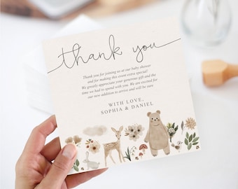 Baby Shower Thank You Card Template, Printable Baby Shower Square Card, Editable, Instant Download, Neutral, Boho Woodland, Bear, Deer, Cute