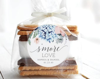 S'more Favours Dankeschön-Aufkleber-Vorlage, Hochzeits-Geschenkanhänger, Geschenkaufkleber, Geschenkanhänger, Hortensie, Marineblüten, S'more Love Favours