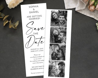 May include: Black and white save the date card with a photo collage of a couple. The text reads "Sophia & Daniel are getting married! Save the Date August 23, 2045 Park City, Utah. Please visit www.DanLovesSoph.com to view all of the wedding and weekend event information. We can't wait to celebrate with you. Formal invitation to follow."
