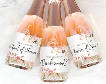 Mini Champagne Bottle Labels - Will You Be My Bridesmaid - Bridesmaid Proposal - Printable Labels - Maid of Honor - Antique Rose