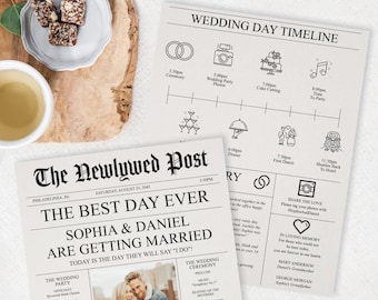 Newspaper Wedding Program with Timeline, Printable Wedding Programs, Wedding Program Template, Wedding Timeline with Icons, Newspaper, DIY