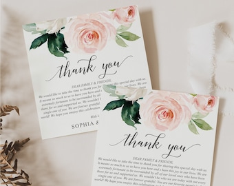 Printable Thank You Place Card Template, Wedding Note Card, Wedding Thank You, In Lieu of Favors, Donations, Download, Blushing Blooms