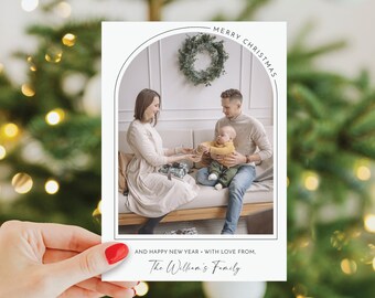Plantilla de tarjeta navideña con arco bohemio, tarjeta navideña imprimible con foto, tarjeta navideña, tarjetas navideñas personalizadas, imagen, moderna, minimalista