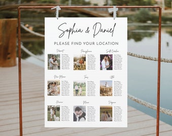 Modern Minimalist Wedding Seating Chart with Photos, Editable Template, Table Arrangement Sign, DIY Wedding Seating Sign, Photo Locations