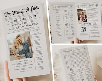 Krant bruiloftsprogramma sjabloon, afdrukbare trouwprogramma's met tijdlijn, infographic, gevouwen programma, bewerkbare krant sjabloon, A4