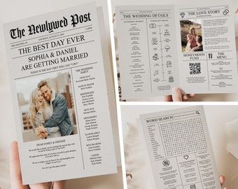 Zeitung Hochzeitsprogramm Vorlage, druckbare Hochzeitsprogramme mit Timeline, Infografik, Faltprogramm, Zeitung bearbeitbare Vorlage, A4
