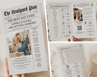 Newspaper Wedding Program Template, Printable Wedding Programs with Timeline, Infographic, Folded Program, Newspaper Editable Template, A4