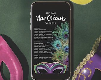 Puede incluir: La pantalla de un teléfono inteligente que muestra un horario para un viaje de fin de semana a Nueva Orleans. El horario incluye actividades como brunch, tiempo en la piscina, degustación de vinos y baile. El fondo presenta un diseño de pluma de pavo real con acentos de brillo.