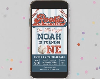 Baseball 1st Birthday Party Invitation, Phone Birthday Invitation, Rookie of the Year, Birthday Evite, Boy First Birthday Invitation