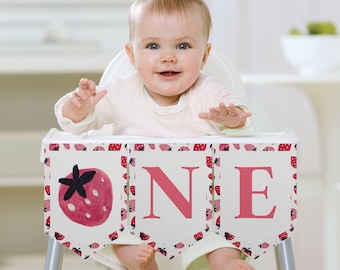 Berry Sweet Editable High Chair Banner Template, Happy Birthday Banner, Printable Party Decor, ONE, First Birthday, 1st Birthday, Strawberry