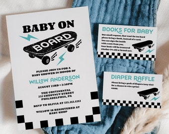 Baby On Board Baby Shower Invitation Set Template Printable Thank You Card Diaper Raffle Books For Baby Blue Skateboard Boy Baby Shower