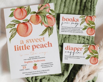 Peach Baby Shower Invitation Set Template, Printable Editable, Thank You Card, Diaper Raffle, Books For Baby, Sweet Peach, Fruit