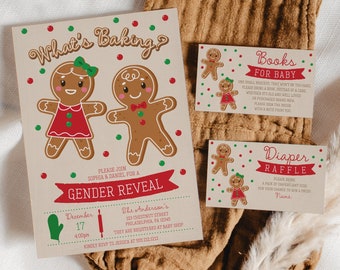 Plantilla de invitación para revelar el género del bebé de What's Baking, imprimible y editable, tarjeta de agradecimiento, rifa de pañales, libros para bebé, pan de jengibre, festivo.