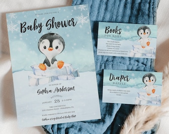 May include: Baby shower invitation and inserts featuring a watercolor penguin on ice. The invitation includes event details: Sophia Anderson, January 28, 2-3:30 PM, and a request for books and diapers. The design has a winter theme.