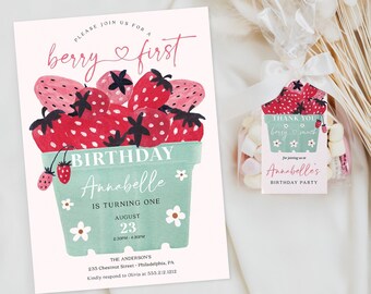 Invito per il primo compleanno a tema frutti di bosco con modello di etichetta, invito di compleanno per bambina, download, dolce compleanno a tema frutti di bosco, pacchetto per festa di compleanno, fragola