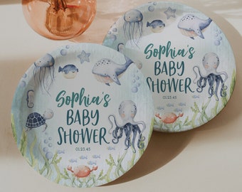 Personalized Paper Plates Template, Baby Shower Decor, Baby Shower Tableware, Table Decor, Printable Plates, Download, Under The Sea, Whale