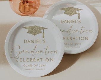 Personalized Paper Plates Template, Graduation Party Decor, Grad Party, Table Decor, Printable Plates, Download, Gold Graduation Cap, Grad