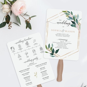 Modelo de leque para programa de casamento, leque para programa para impressão, leques para convidados, cronograma de casamento, programas de casamento editáveis, jardins verdes, dourado