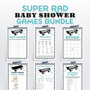 Skateboard Baby Shower Games Bundle Baby On Board Baby Shower Games Package Printable Games Bingo Price is Right Wishes for Baby Boy Baby