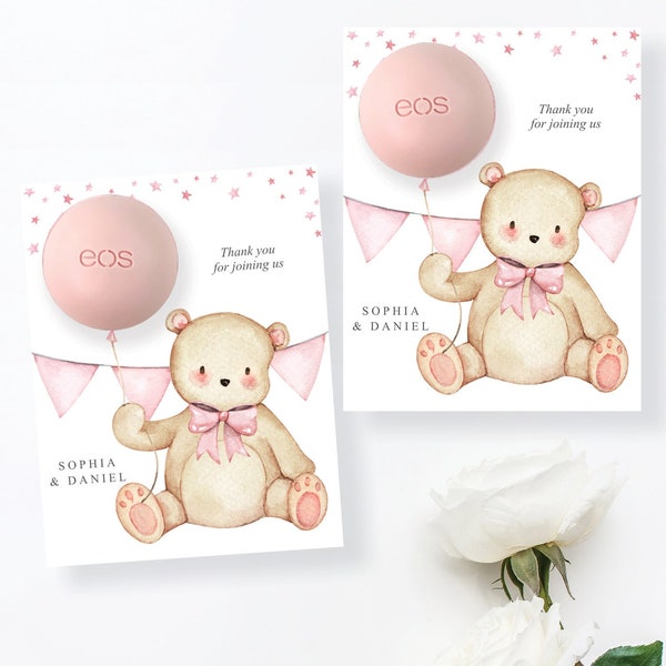 Teddy Bear EOS Lip Balm Baby Shower Favors Girl, Baby Shower Template, Personalized, Bearly Wait, Thank You, Easy Favor, Lip Balm, Balloons