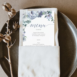 Plantilla de menú azul polvoriento, menú imprimible, menú editable, menú de boda, menú, floral romántico, menú de cena de ensayo, decoración de mesa, boda