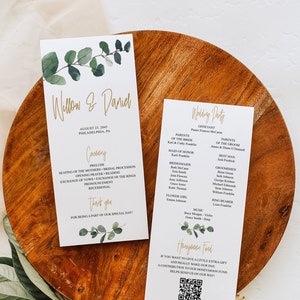 May include: Two wedding program cards with gold text and watercolor eucalyptus leaves. The left card reads "Willow & Daniel" and lists the ceremony details. The right card lists the wedding party and a honeymoon fund QR code.